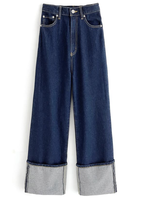 日本 GRL - 復古反折丹寧直筒褲-深藍