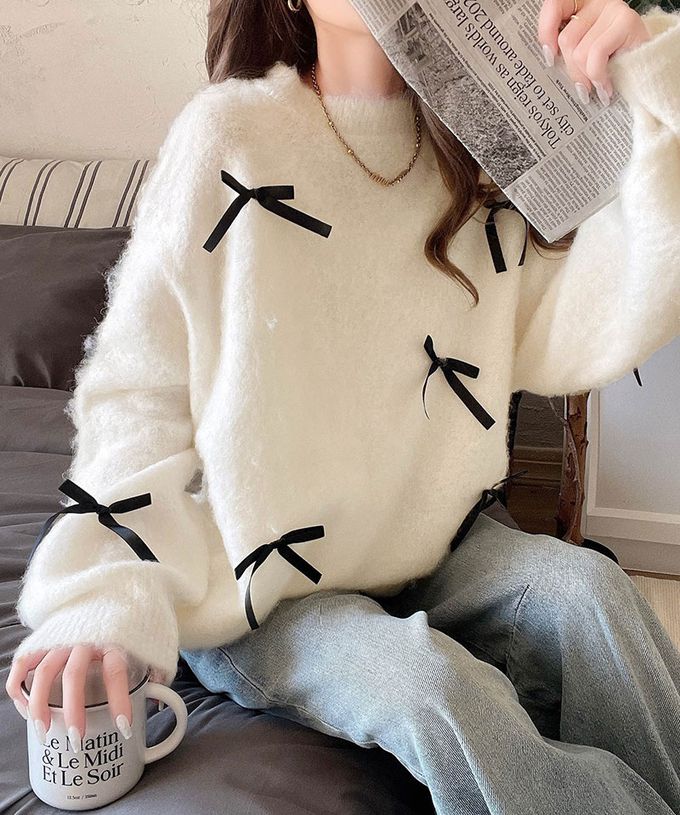 日本 Classical Elf - 甜美滿點 毛海蝴蝶結浪漫毛衣-深灰