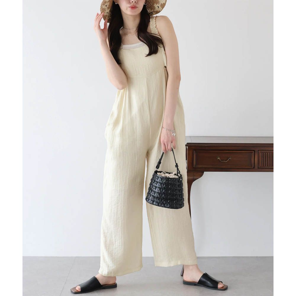 夏季清爽質感側腰鏤空連身褲-象牙白 (M)