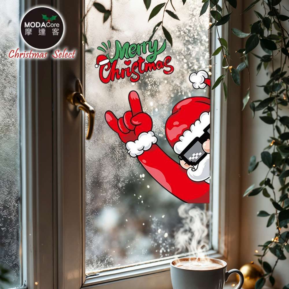 耶誕-紅色7號探頭搖滾聖誕老人-無痕窗貼玻璃貼*2入優惠組合