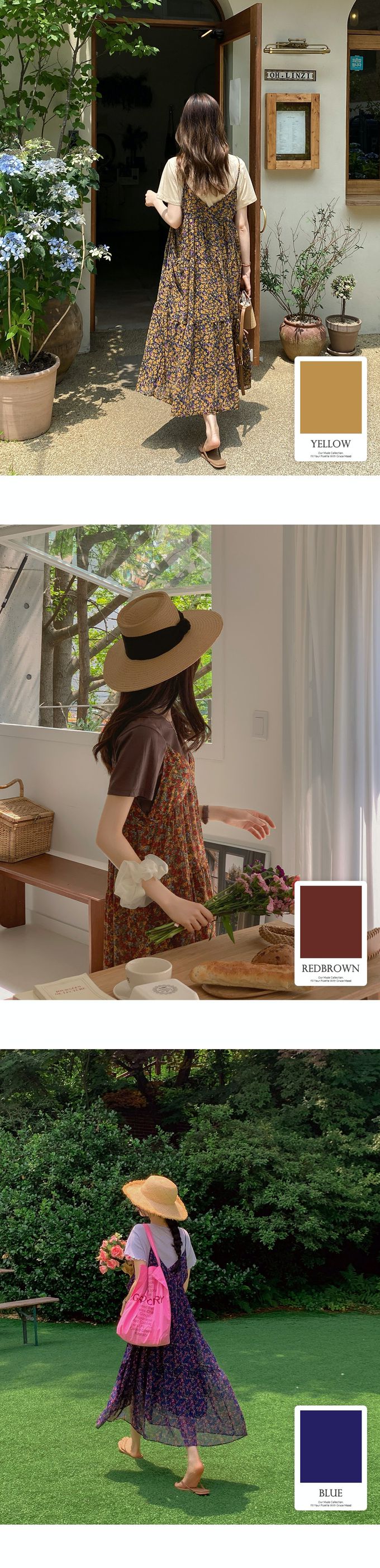 韓國女裝代購 - 復古花漾細肩帶連身洋裝-咖啡紅 (FREE)