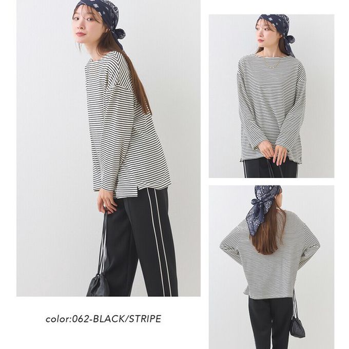 日本 OMNES - 100%棉 經典款細條紋長袖上衣-黑底白條紋