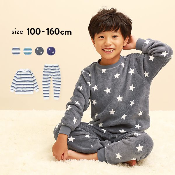 日本 devirock - fleece保暖刷毛家居服/睡衣-條紋-藍灰