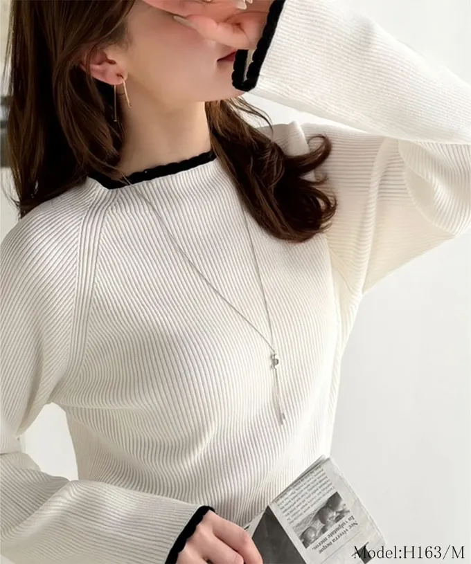 日本 Classical Elf - 羅紋針織典雅滾邊長袖上衣-白