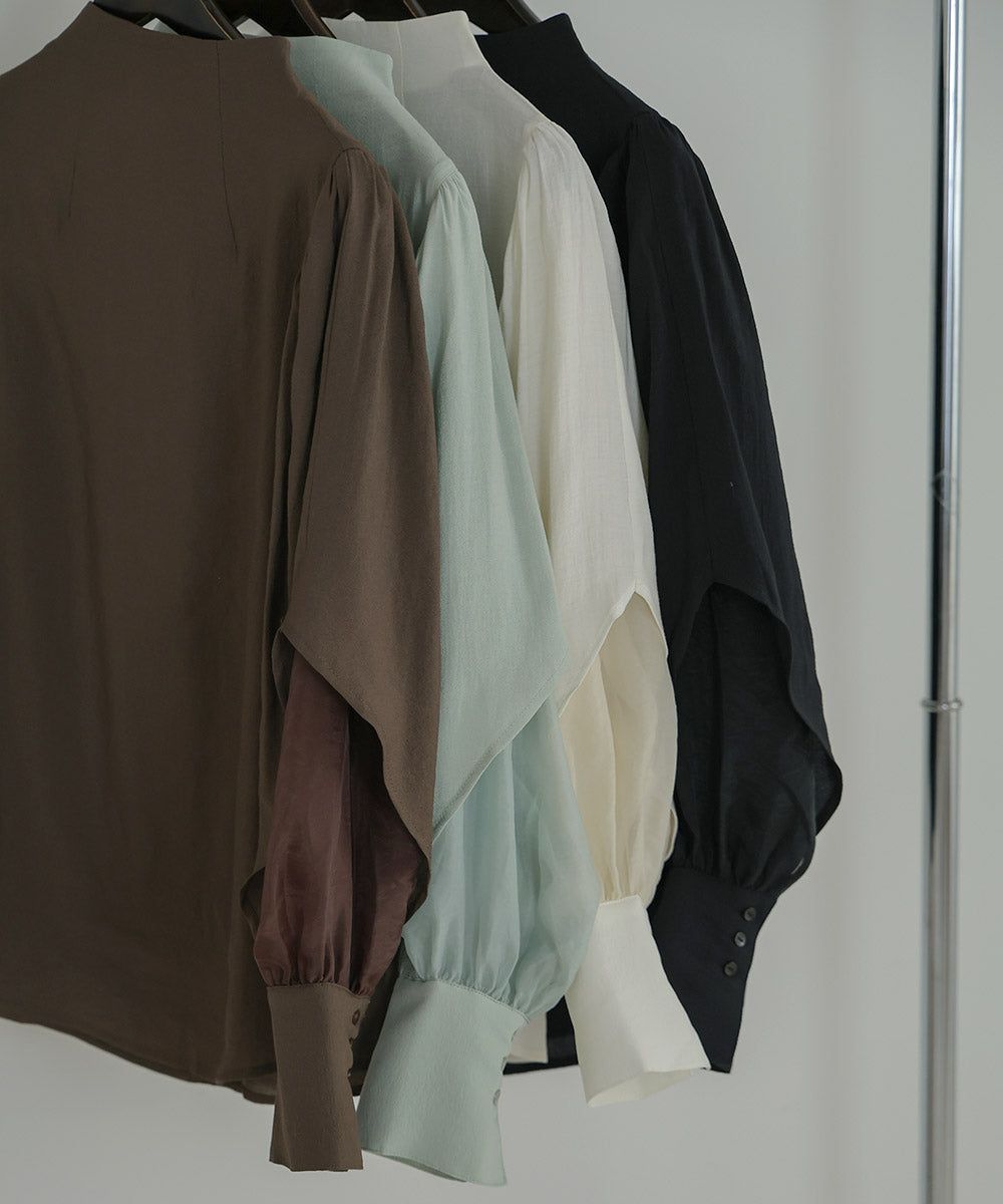 日本 Bab - 柔美紗拼接袖雪紡上衣-深可可