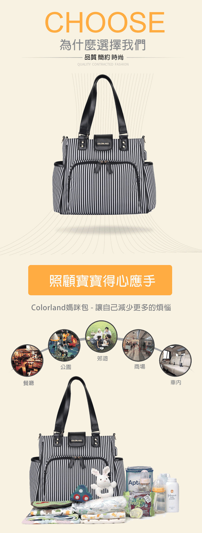 Colorland - 多格層手提&肩背包 中型時尚 附USB接頭-黑色條紋 (35*16*28cm)