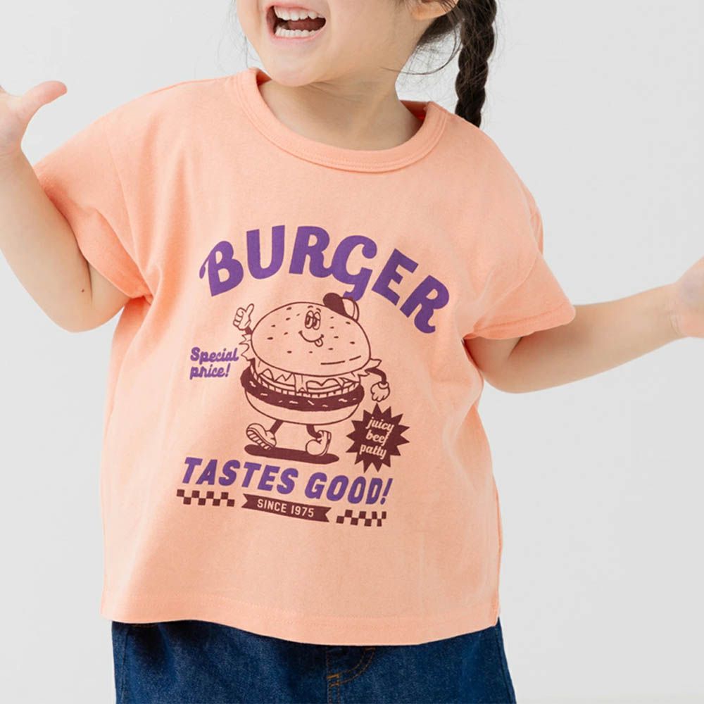 100%棉 印花柔軟短袖上衣-漢堡-亮橘