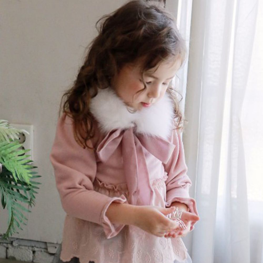 韓國 PuellaFLO - (剩7號)(冬裝)雕花白裙擺公主袖上衣-粉紅