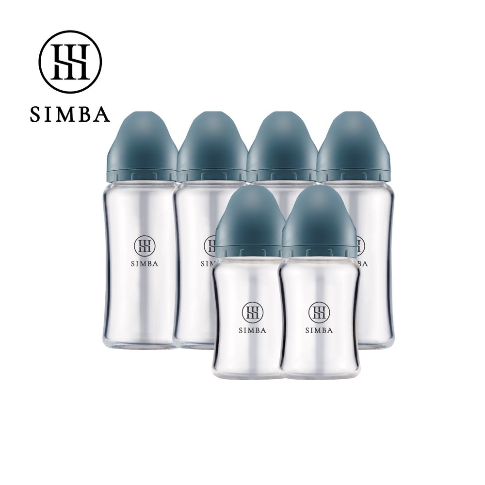 蘊蜜質金玻璃寬口防脹氣奶瓶4大2小全配組-新生適用-波藍