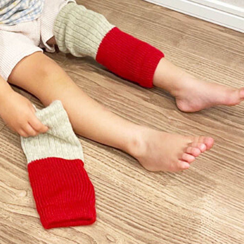 日本製 羊毛混絲綢保暖兒童襪套-酒紅x淺灰 (F)