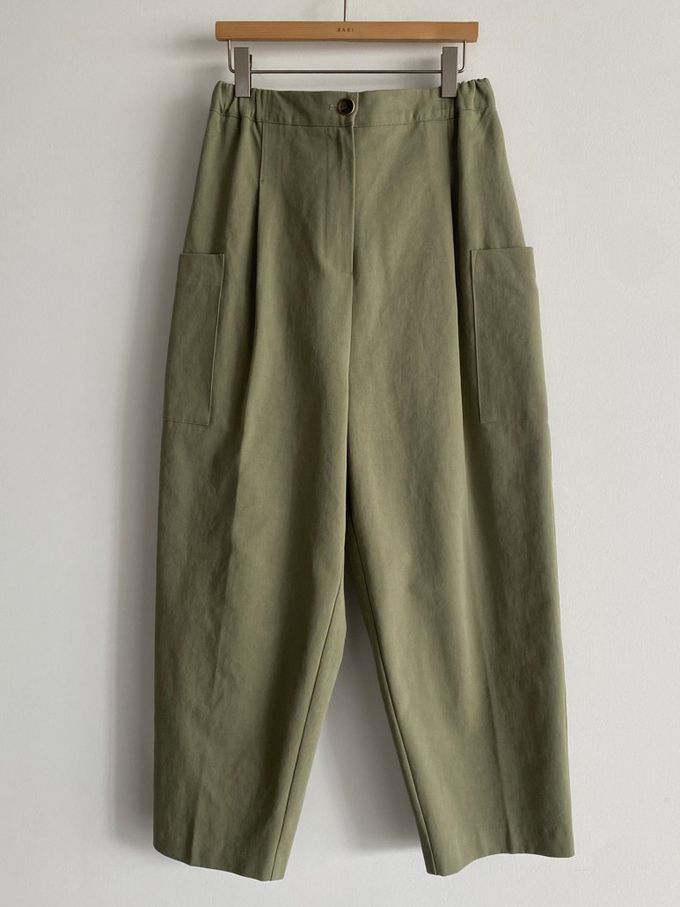 韓國女裝連線 - 鬆緊腰雙口袋錐形修飾長褲-軍綠 (FREE)