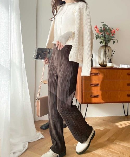 日本 Classical Elf - 光澤感細褶垂墜感長褲-焦糖棕