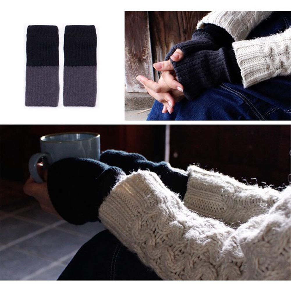 日本女裝代購 - 日本製 羊毛混絲綢保暖半截手套-撞色-黑x深灰 (F)