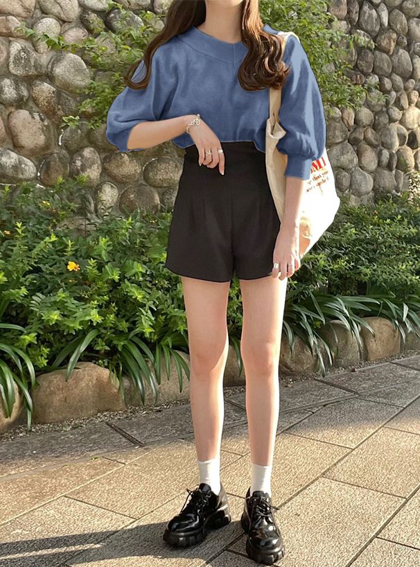 日本 GRL - 百搭V領泡泡袖針織上衣-奶油杏