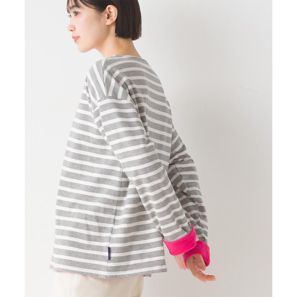 日本 OMNES - 100%棉 圓領撞色長袖上衣-條紋x粉
