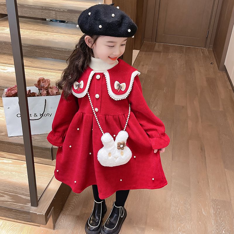 加絨不規則翻領氣質長袖連身洋裝-蝴蝶結-紅色