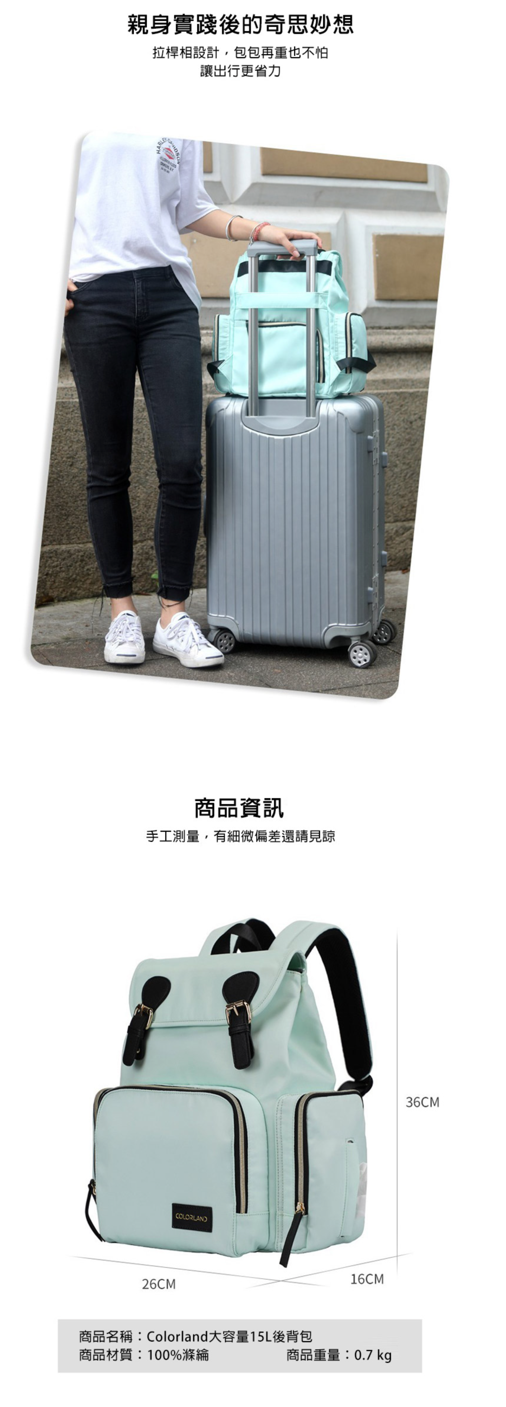 Colorland - 造型磁扣後背包 可掛行李箱 15L大容量-薄荷綠色 (36*16*26cm)