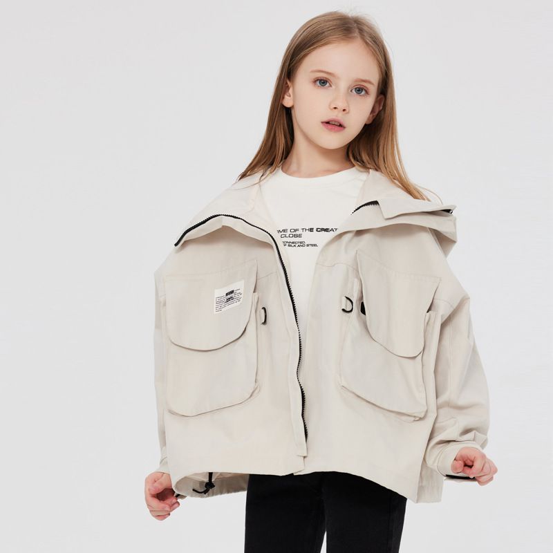 Little Deeyoo - 日系工裝防風連帽風衣外套/衝鋒外套-米白色