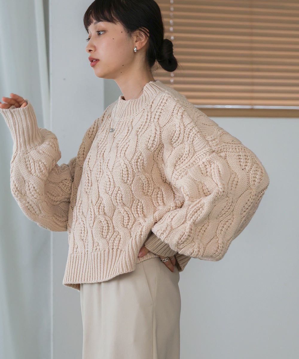 日本 Bab - 麻花編織圓領泡泡袖毛衣-粉膚