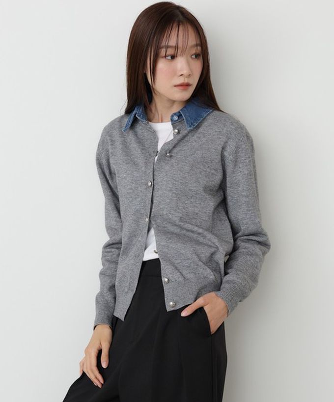 日本 Bab - 牛仔領時尚休閒感針織開襟衫-海軍藍