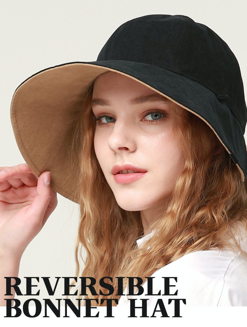 韓國 CHAMELEON - 雙面牛仔布料遮陽帽-黑/棕