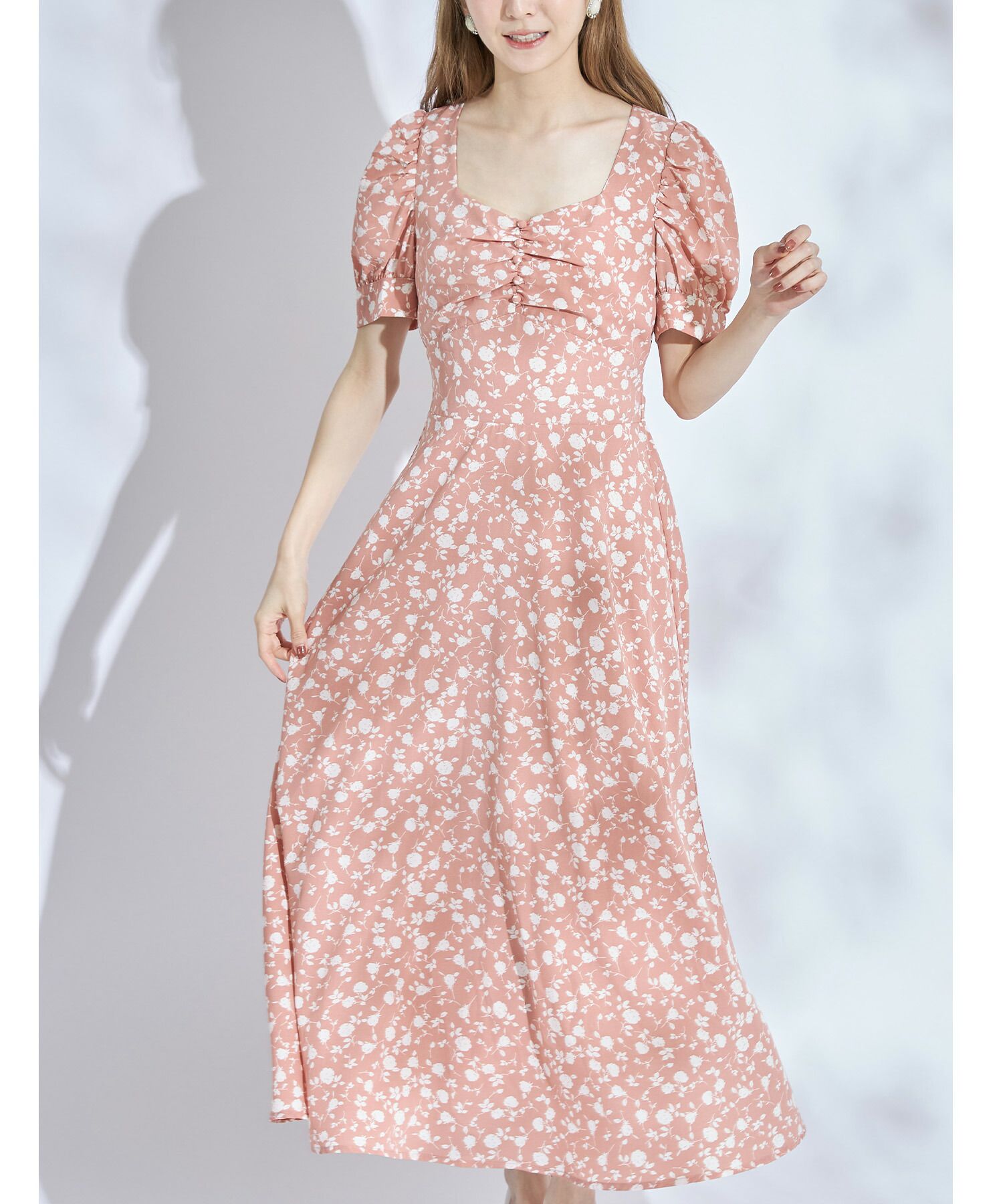 日本 tocco-closet - 愛心領泡泡袖雪紡洋裝-典雅玫瑰-鮭魚粉