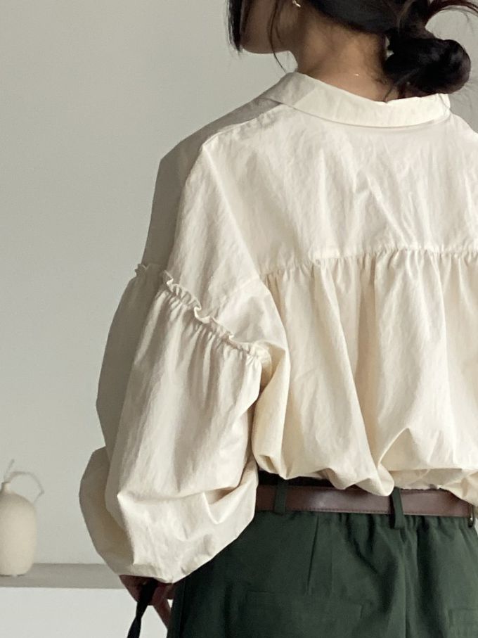 韓國女裝連線 - 極簡拼接翻領長袖襯衫-米杏 (FREE)