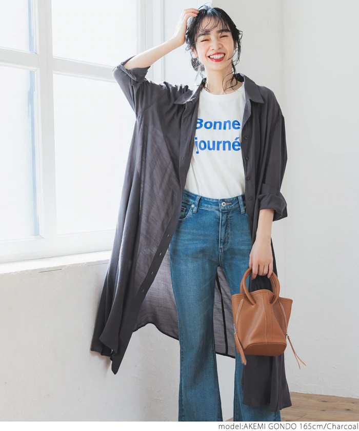 日本 COCA - 寬鬆傘狀薄長袖襯衫洋裝/外套-粉