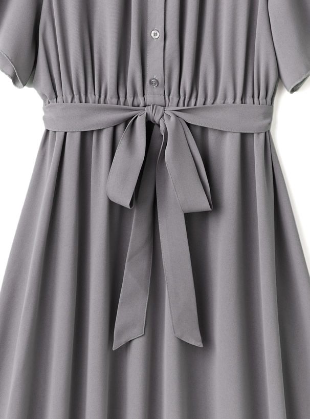 日本 GRL - 柔美綁帶花朵袖雪紡洋裝-冰河灰