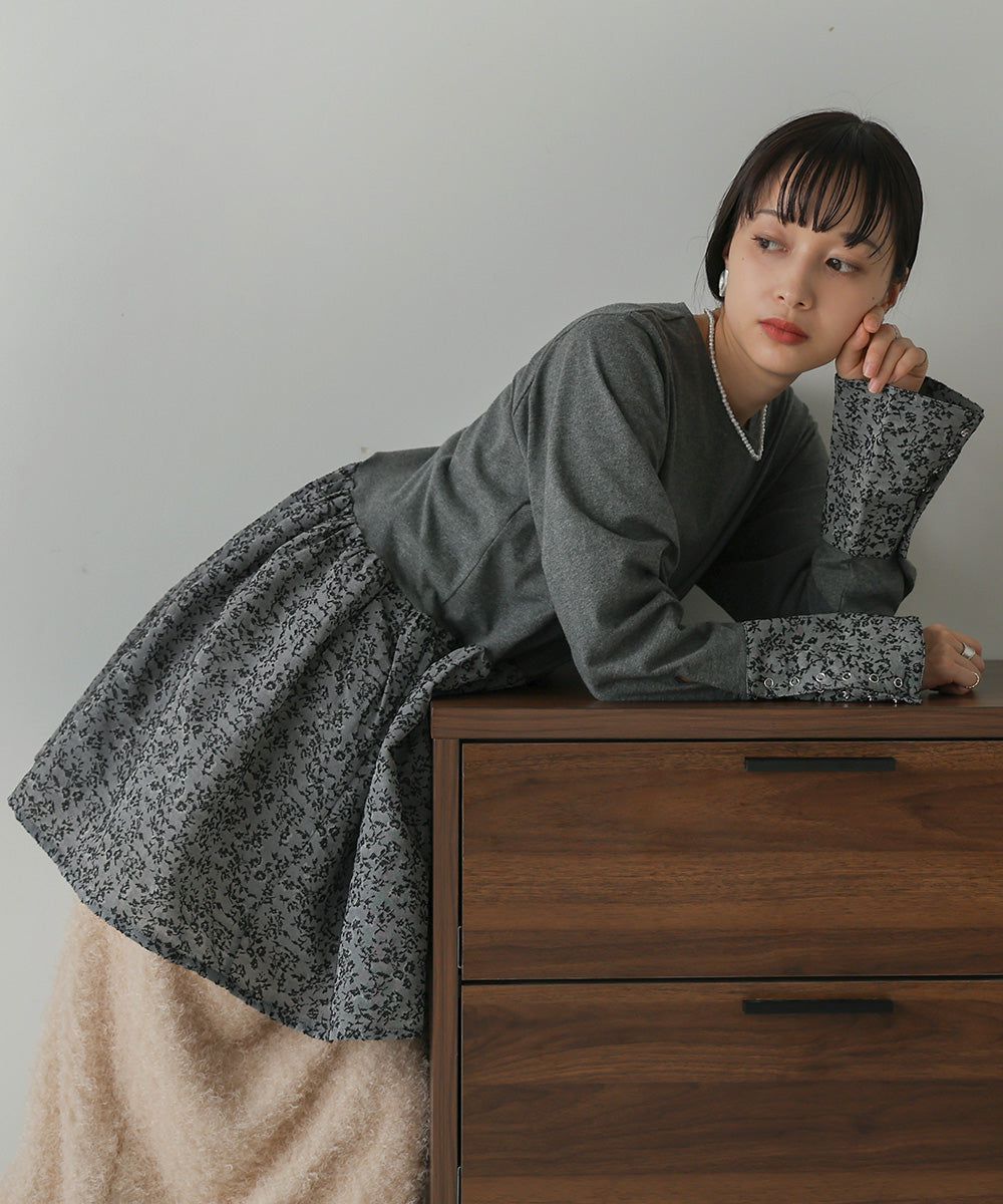 日本 Bab - 優美緹花拼接長袖上衣-水藍