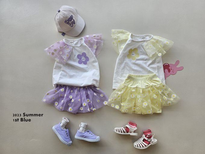 韓國 First Blue - 花花兔印紗拼接短袖上衣-淺紫