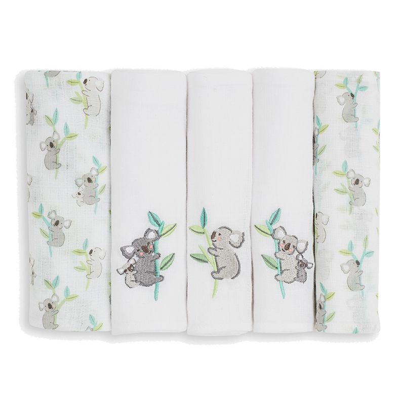 英國 JoJo Maman BeBe - 100% 純棉多功能細紗布包巾/小薄被/拍嗝巾/安撫巾5入組(60*60cm-無尾熊