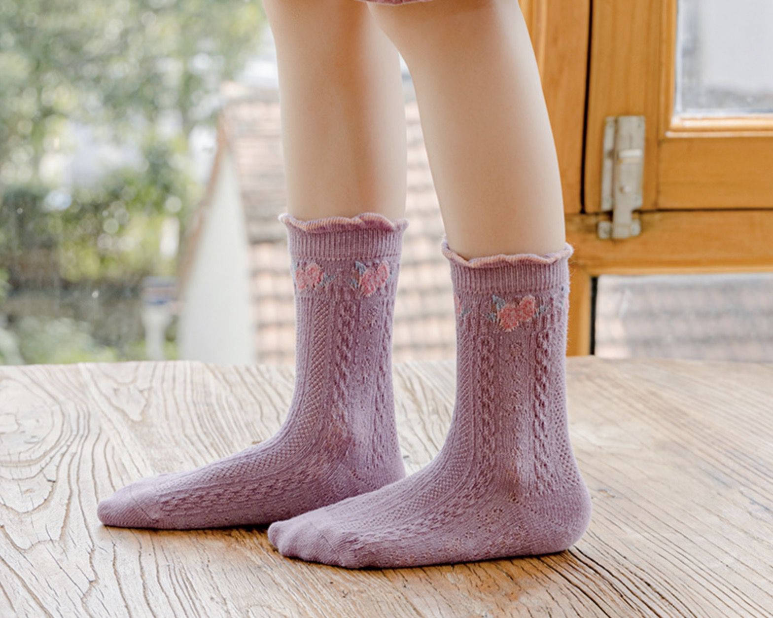 love, charlotte - 香芋玫瑰小兔子花邊中筒襪-5 雙一組