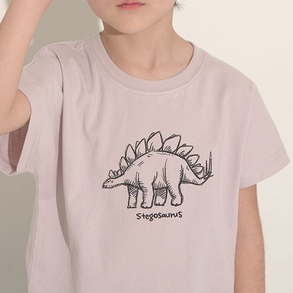 日本 b-ROOM - 100％棉 恐龍印花短袖上衣-劍龍-可可棕