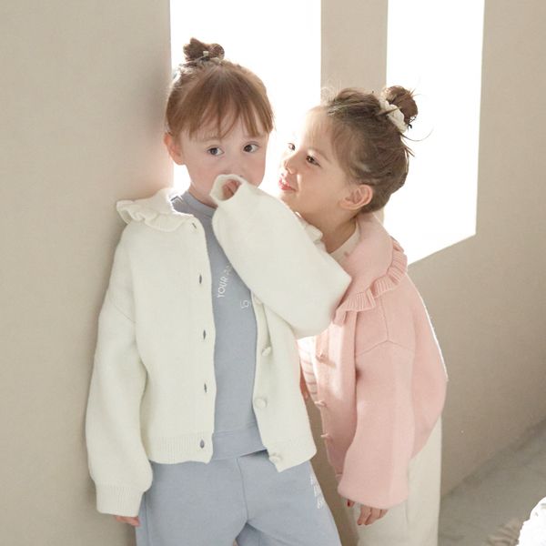 日本 Lycee mine - 荷葉大翻領寬袖針織開襟衫-粉紅