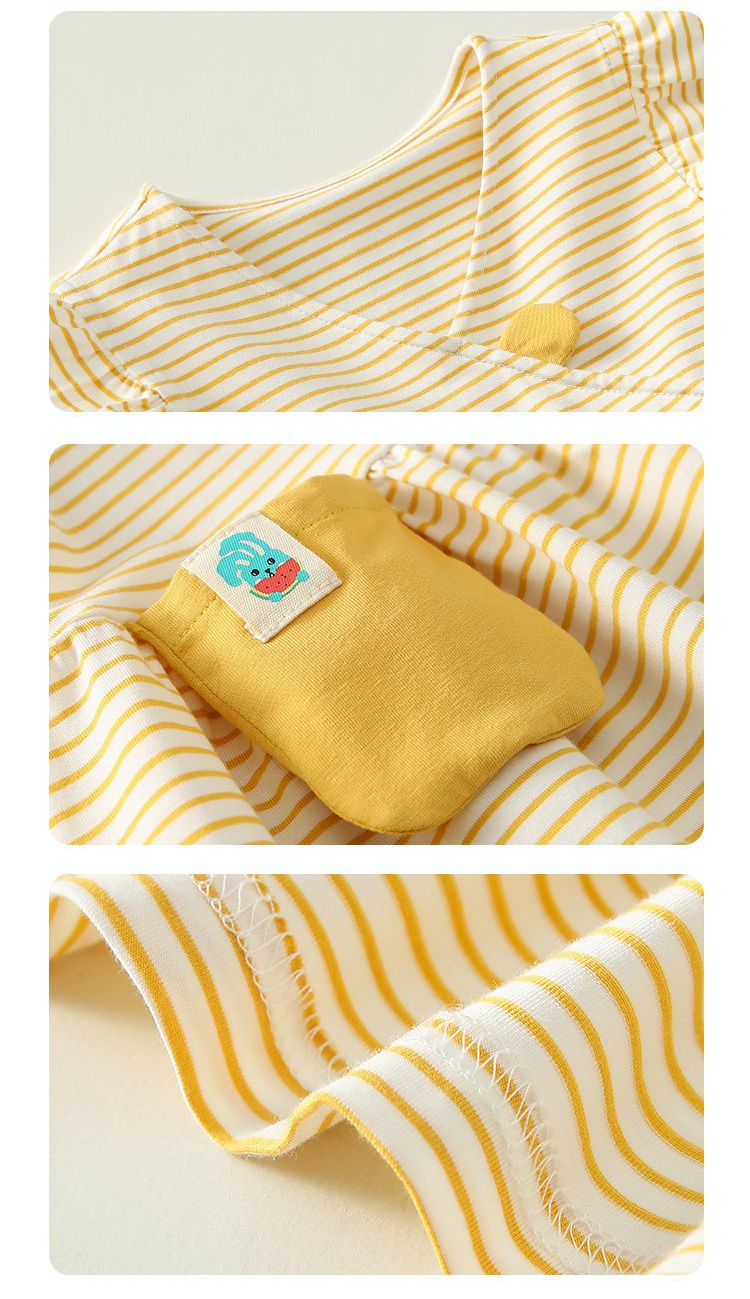 條紋荷葉袖連身洋裝-小口袋款-白+黃