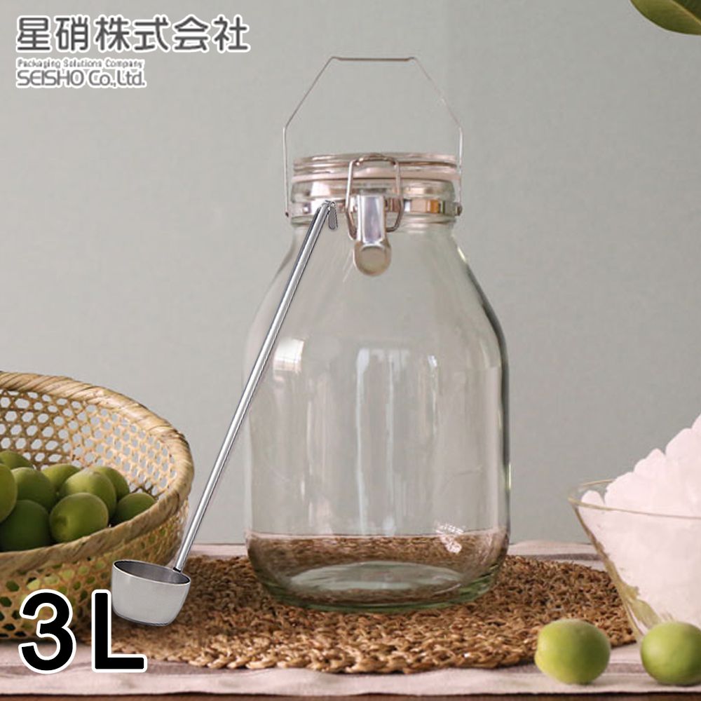 日本星硝SEISHO - 日本製 醃漬/梅酒密封玻璃保存罐3L(日本製 可掛式不鏽鋼長勺)