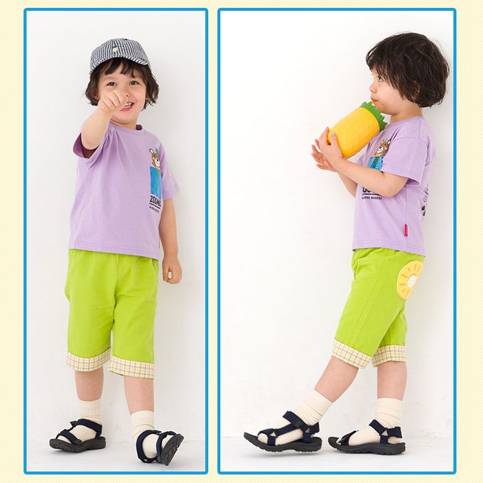 日本 ZOOLAND - 前口袋熊熊背後鳳梨印花短袖上衣-藍