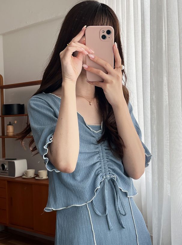 日本 GRL - 可愛木耳捲邊兩件式洋裝-黑 (F)