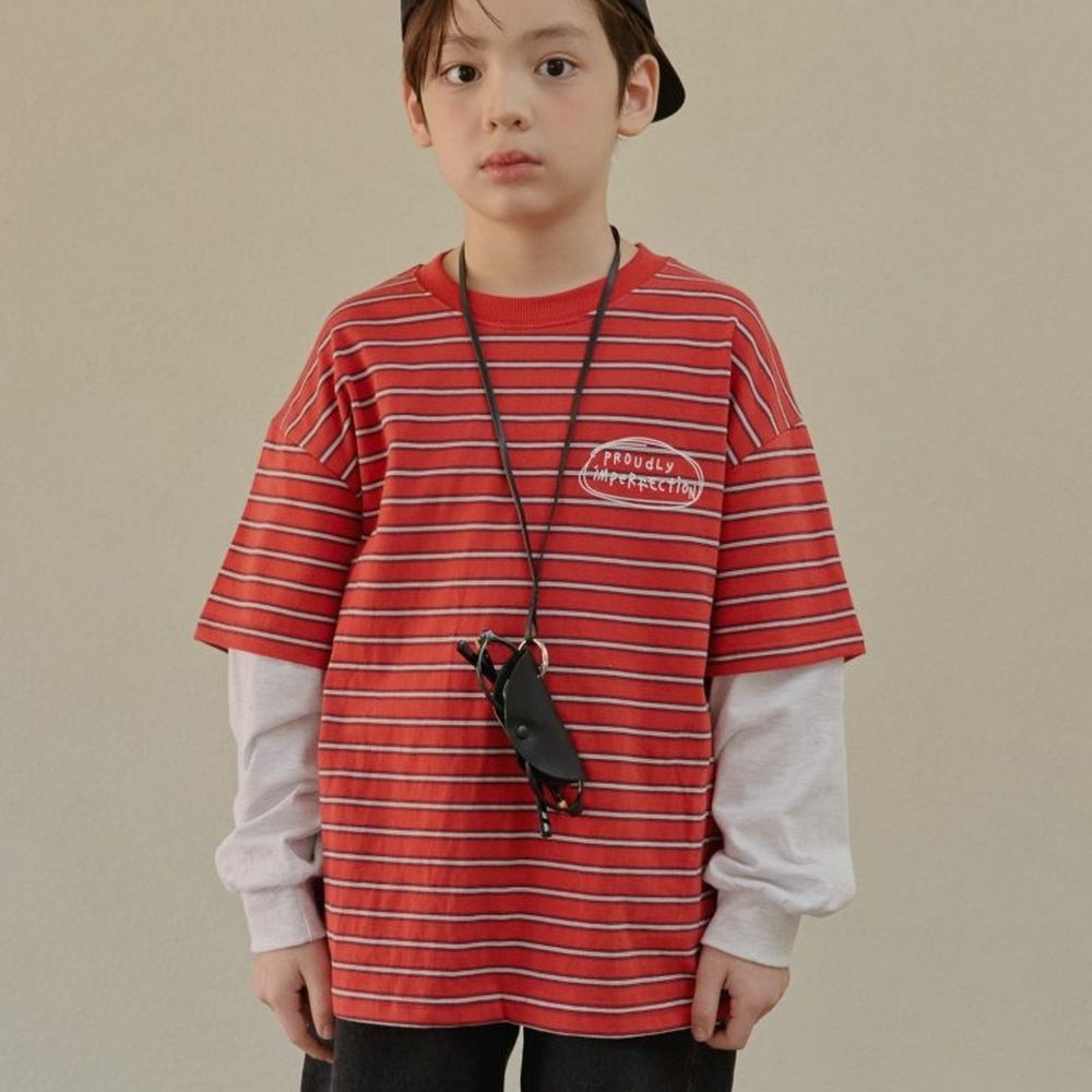 HIKIKI 假兩件層次拼袖條紋長袖上衣-紅X灰白