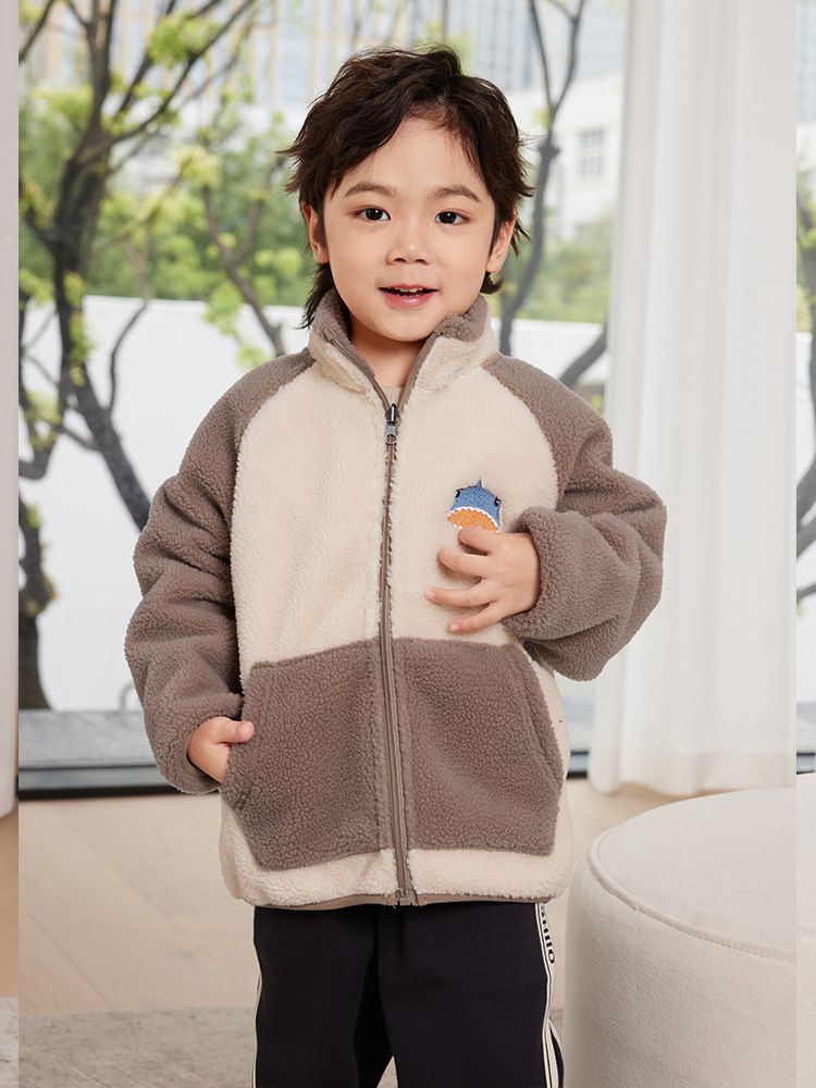 羊羔絨兒童保暖外套-鯊魚-咖啡色