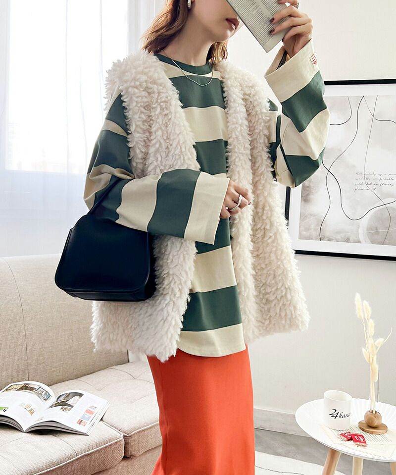 日本 Classical Elf - 美式休閒落肩長袖上衣-寬版條紋-米杏x棕