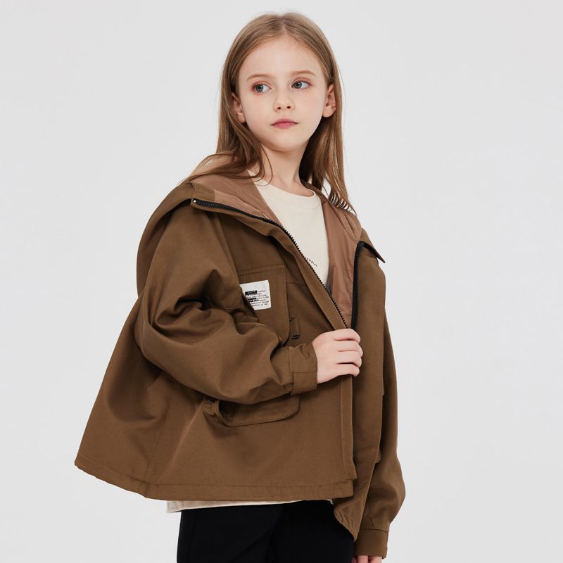 Little Deeyoo - 日系工裝防風連帽風衣外套/衝鋒外套-米白色