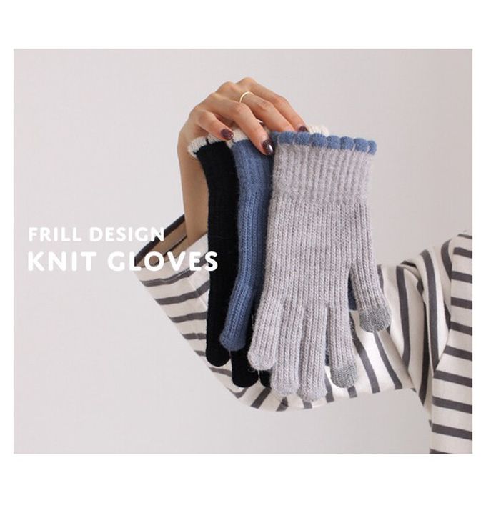 日本 LIZDAYS - 優雅荷葉邊針織保暖手套(可觸控)-藍