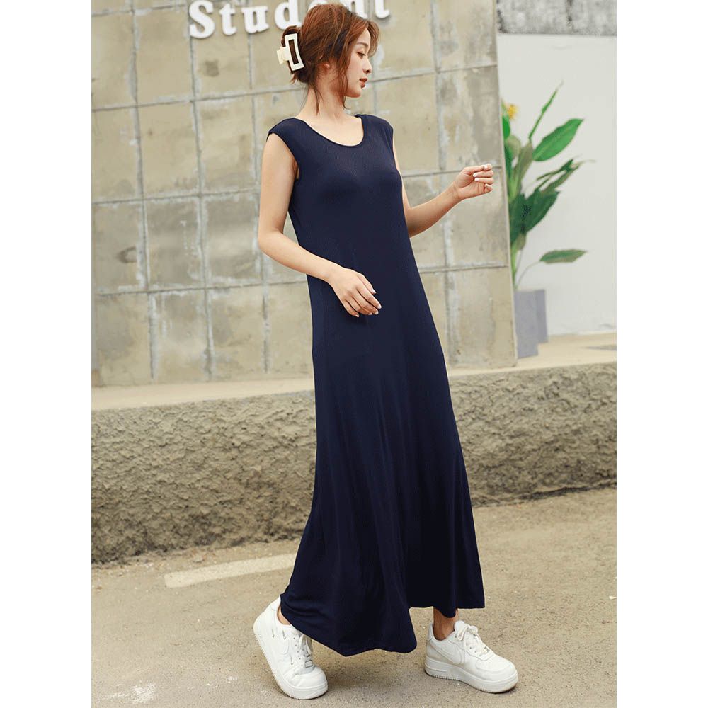 涼感莫代爾無袖Bra長洋裝-藏青色