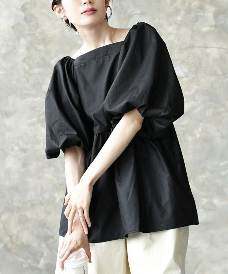 日本 zootie - 優雅方領縮腰泡泡袖上衣-簡約黑