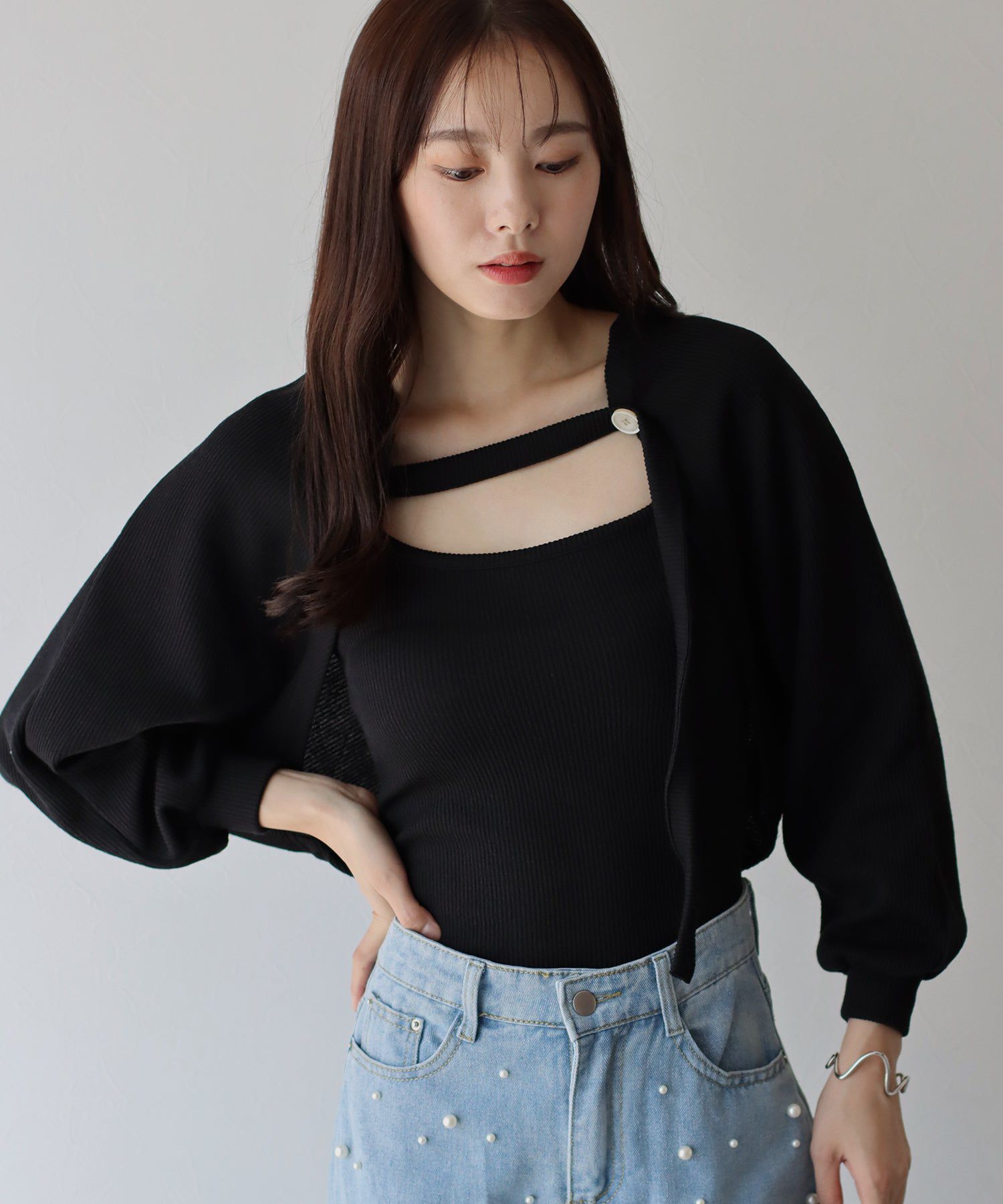 日本 BLUE EAST - 羅紋針織內搭x短版外套兩件組-黑