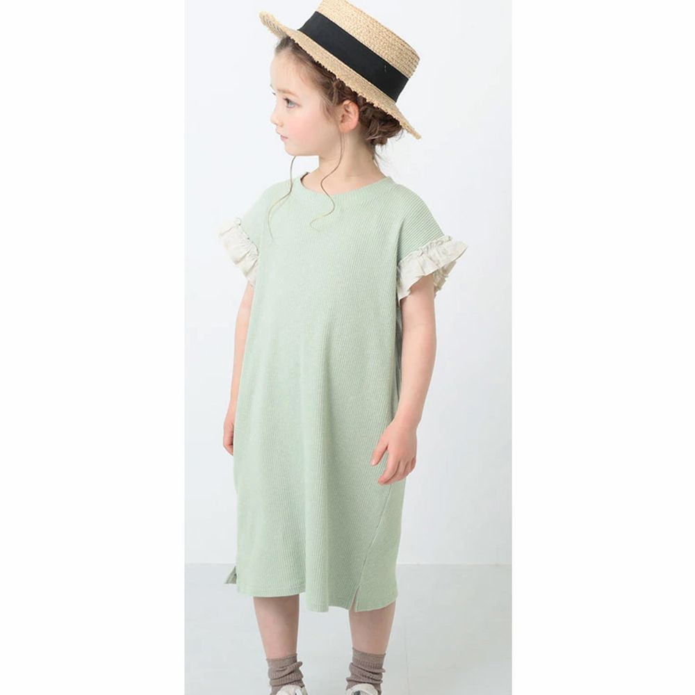 日本 devirock - 純棉 荷葉袖口純色圓領短袖洋裝-薄荷綠