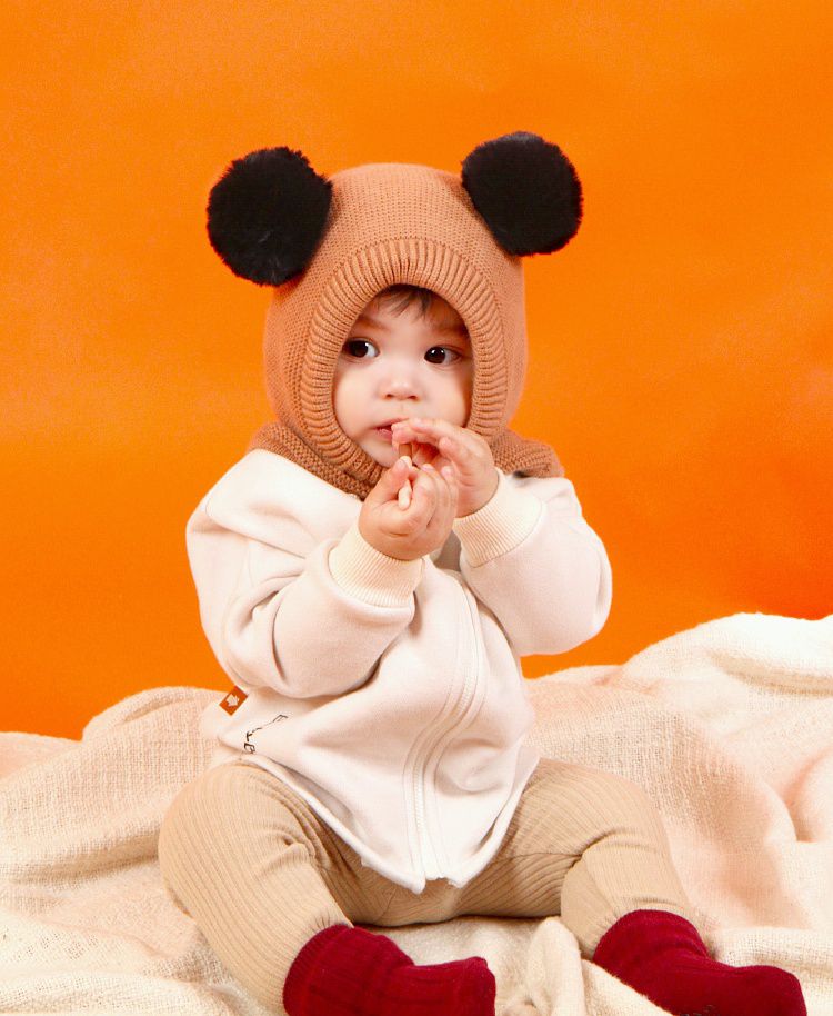 韓國 Babyblee - 大球球遮脖保暖帽-棕 (FREE)