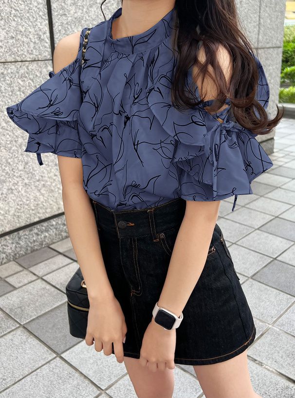 日本 GRL - 氣質碎花挖肩雪紡短袖上衣-深藍 (F)